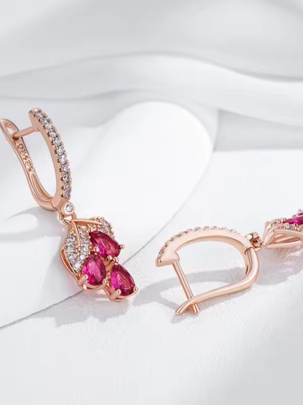 Rose Gold plated Pink Crystal Teardrop Dangle Earrings - Elegant Women Jewelry - Picture 6 of 9